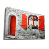 Monochrome Stone House with Red Shutters and Flowers in Black and White insigne Wrapped Wall Art Picture Print Canvas
