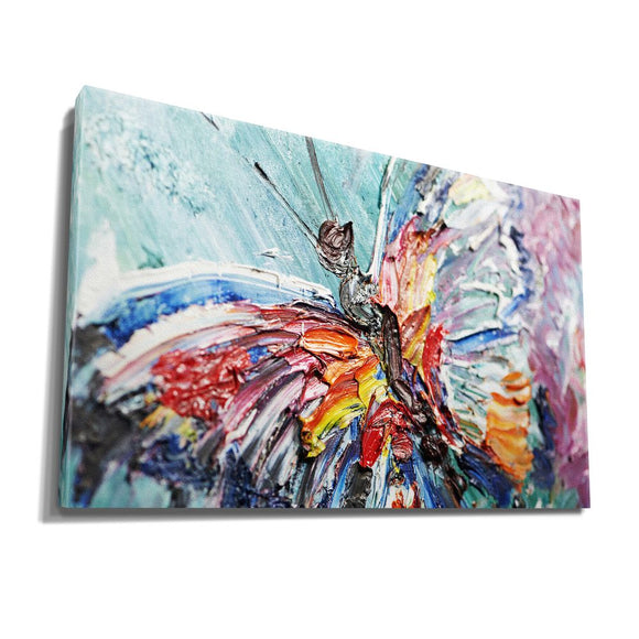 Closeup Fragment of Oil Painting Colorful Butterfly Yellow, Orange and Green Blue insigne Wrapped Wall Art Picture Print Canvas