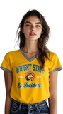 Woman wearing a yellow 'Wright State Raiders' t-shirt on a white background