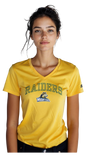 Person wearing a yellow 'RAIDERS' t-shirt with a logo on a white background