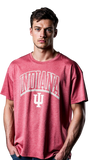 Man wearing a red 'Indiana' t-shirt with a logo on a white background
