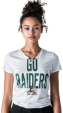Woman wearing a white t-shirt with 'GO RAIDERS' text and a logo.