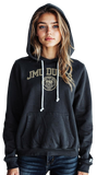 Person wearing a black hoodie with 'JMU DUKES' logo on a white background