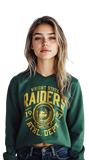 Woman wearing a green sweatshirt with 'Wright State Raiders' text and logo.