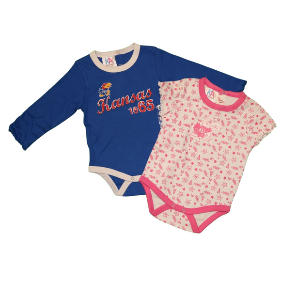 NCAA University of Kansas Jayhawks Baby 2-Pack Bodysuit Set – Blue Long Sleeve & Pink Short Sleeve