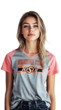 Woman wearing a gray and pink Oklahoma State t-shirt on a white background