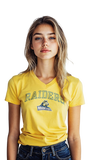 Woman wearing a yellow t-shirt with 'RAIDERS' and a logo on a white background