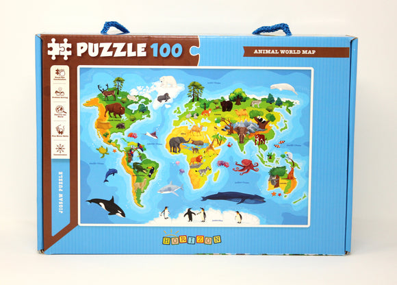 Horizon Puzzle 100 Animal World Map Attention and Skill Abilities Puzzle for Children Ages 5-8