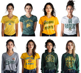 Eight people wearing various Wright State University clothing items on a white background