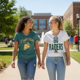 Two students walking on a college campus, wearing school-themed t-shirts.
