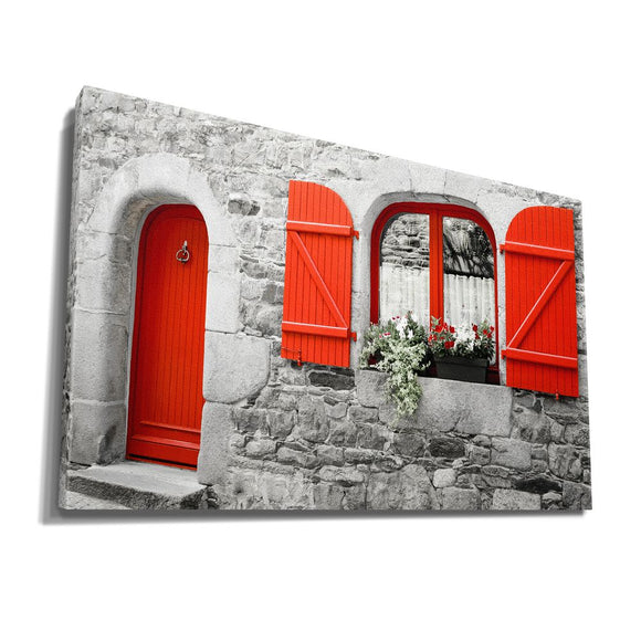 Monochrome Stone House with Red Shutters and Flowers in Black and White insigne Wrapped Wall Art Picture Print Canvas