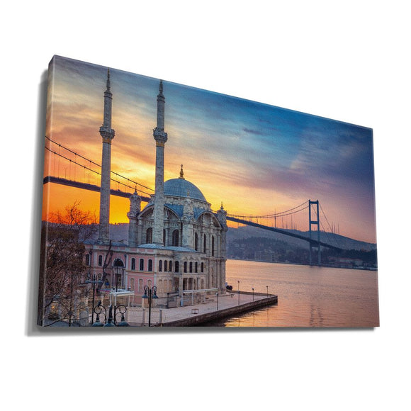Ortakoy Mosque, Istanbul and Bosphorus Bridge at Sunset with Blue and Orange Sky Marmara Sea and Sun Reflection insigne Wrapped Wall Art Picture Print Canvas