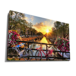 Amsterdam, Netherland Canal, Boats, Cars Pink and White Flowers at Sunset with Blue and Pink Bikes insigne Wrapped Wall Art Picture Print Canvas