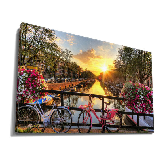 Amsterdam, Netherland Canal, Boats, Cars Pink and White Flowers at Sunset with Blue and Pink Bikes insigne Wrapped Wall Art Picture Print Canvas