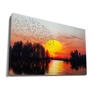 Colorful Landscape Sunset, Trees, Lake and Birds Blue and Orange Color Sky insigne Wrapped Wall Art Picture Print Canvas